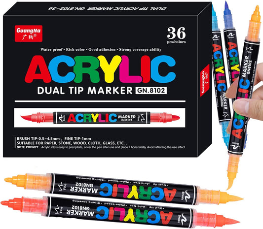 Guangna 36 Colors Acrylic Paint Markers, Dual Tip Paint Markers Pens Set with Soft Brush Tip, Multifunctional Fine Tip Markers for Wood,Canvas,Rock Painting, Glass, Diy Crafts Art Supplies, Waterproof