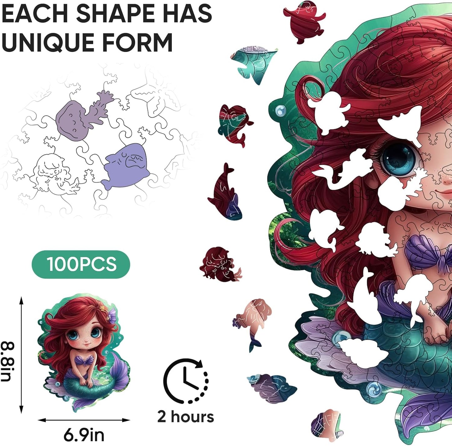 Wooden Puzzles for Adult and Kids, 100 Pieces Ocean Puzzle, Mermaid Unique Shaped Wooden Preschool Puzzle, Toddler Wooden Puzzle Toy Gift for Family and Friends, Suitable for Family Games