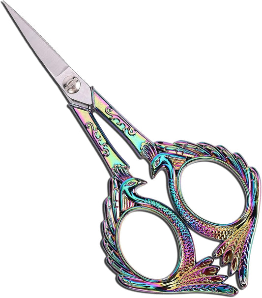 Embroidery Scissors - Small Vintage Sharp Detail Shears for DIY Craft, Sewing, Artwork, Needlework Yarn, Fabric Cutting, Thread Snips, 5in Rainbow Peacock Style