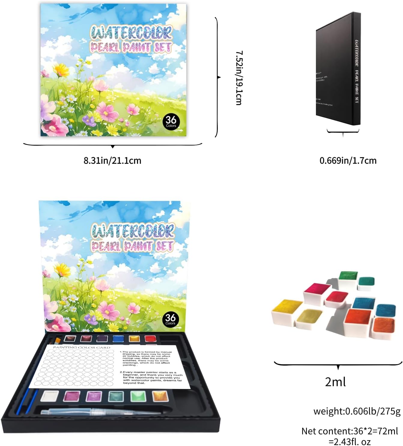 2ml Large Capacity Metallic Watercolor Paint Set, 36/60/84 Color Metallic/Pearlescent/Glitter/Color Shifting/Shimmer Water Color Paint for Adult Kids with 2 Paintbrushes