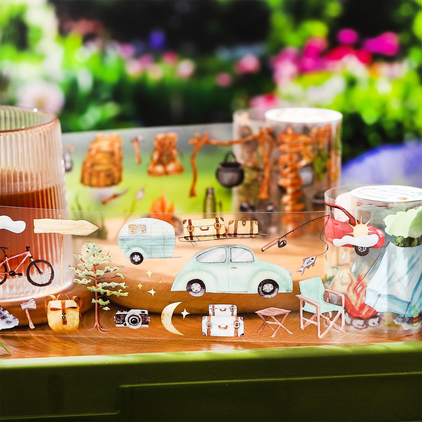 6 Rolls Travel PET Tape Set with Clip, Camping and Adventure-Themed Sticker Tape for Journaling, Scrapbooking, and DIY Crafts