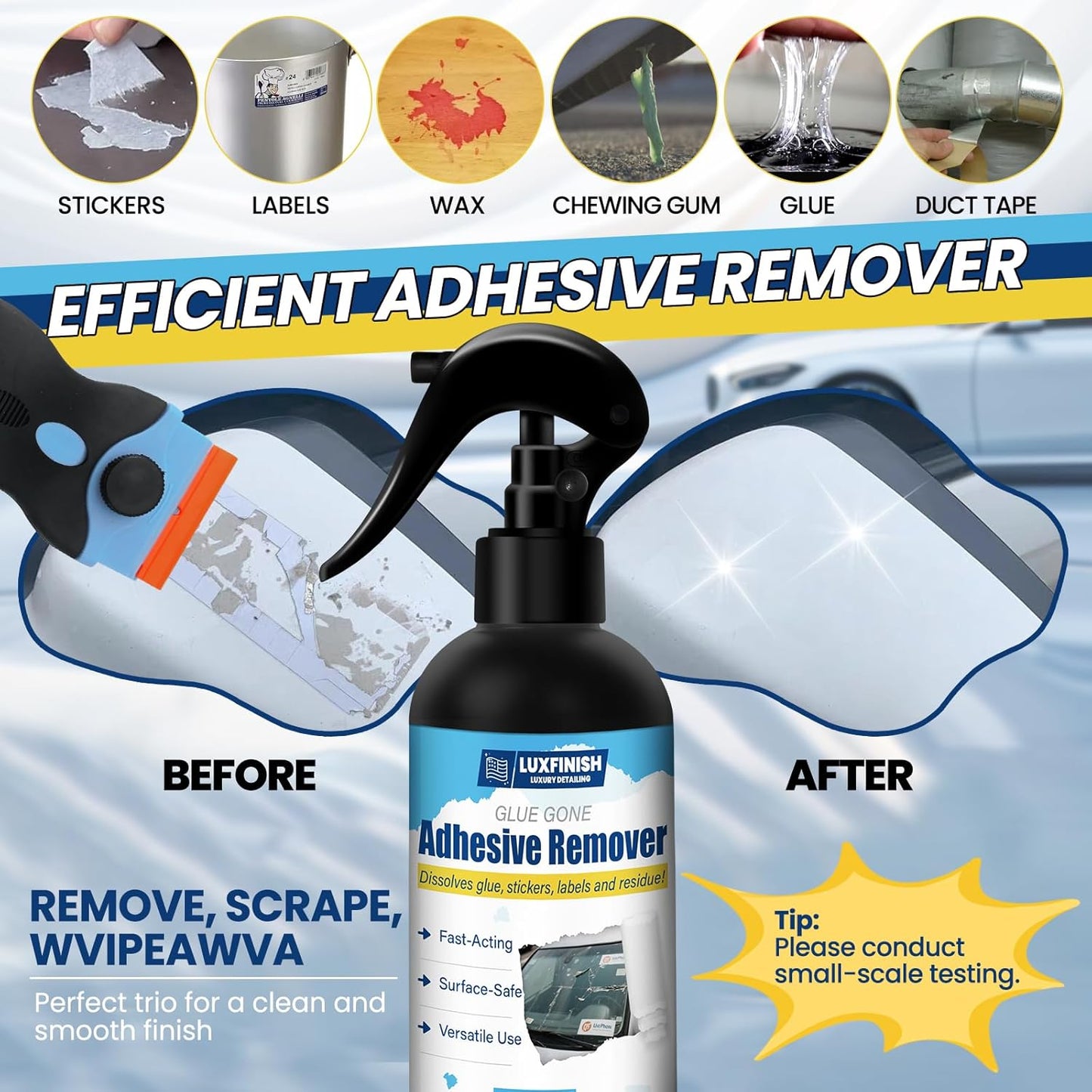 Powerful Adhesive Remover Spray - Safely and Easily Remove Glue Sticker Labels Decals Tape Residue from Car, Glass, Tile - Safe Non-Damaging Multi-Surface Formula with Scraper & Towel - 5oz/150ml