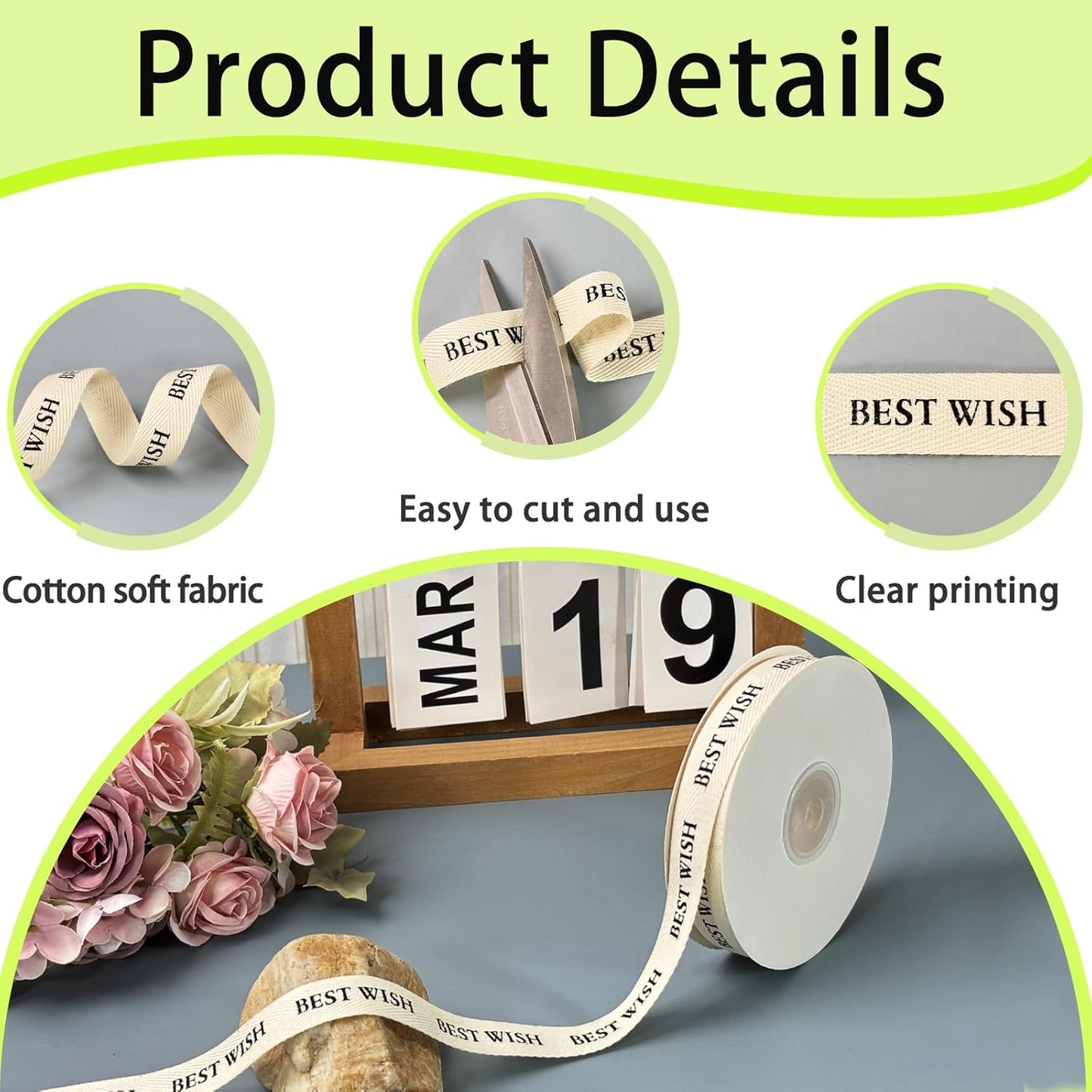 Cotton Herringbone Ribbon - Natural Twill Tape for Custom Gift Wrapping & DIY Crafts-5/8 Inch x 15 Yards - Best Wish Printed Phrase