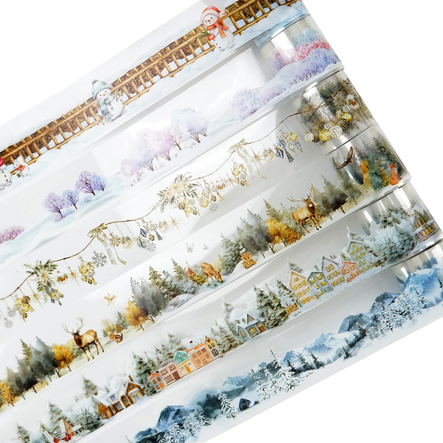 6 Rolls Winter PET Tape Set, Landscape Stickers for Journaling, Scrapbooking, and DIY Crafts, with Decorative Clip