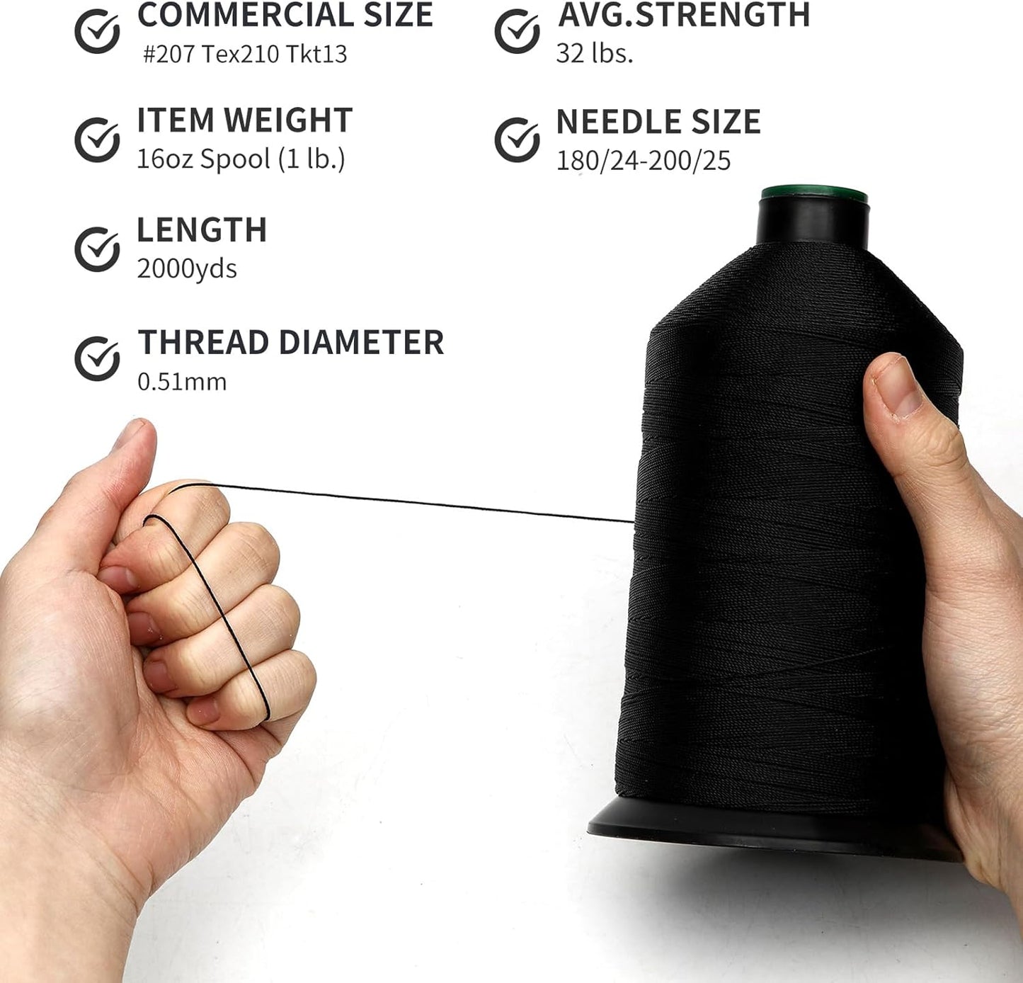 Extra Strong Bonded Nylon Thread #207 Tex210 – 16 OZ, 2000yds, Versatile Stitching Solution for Leather, Upholstery, Canvas Repair and More (Black)