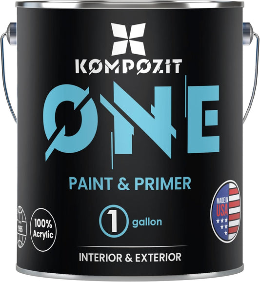 Kompozit ONE Ultra Cover Interior/Exterior White 100% Acrylic Paint & Primer for walls 1 Gallon, Flat. High Durability and Scratch-Resistant Paint. Made in USA. Low VOC.