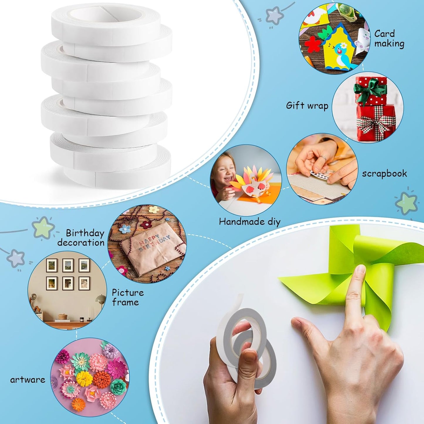 9 Rolls Double Sided Tape for Crafts, Strong Double-Sided Tape, Scrapbook Tape, Double-Sided Adhesive Tape for Arts, Card Making, Scrapbooking Supplies, Gift Wrapping (0.4 in X 26.25Ft)