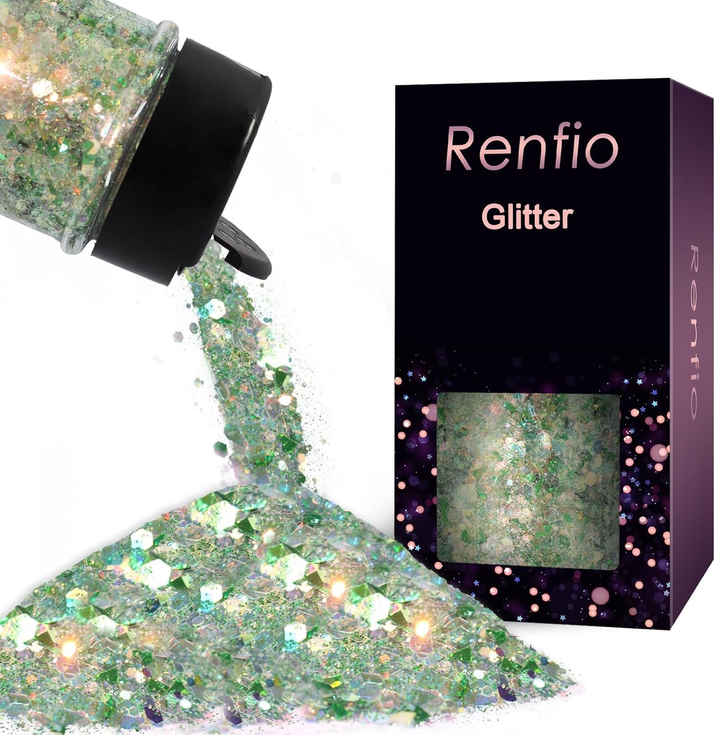 Renfio Opal Chunky Glitter, 1.75oz/50g Green Glitter, Dreamy High Sparkle Glitter for Crafts Holographic Fine Glitter Mix Iridescent Glitters Flake for Resin Nails Art Hair DIY Snow - Green Pinery