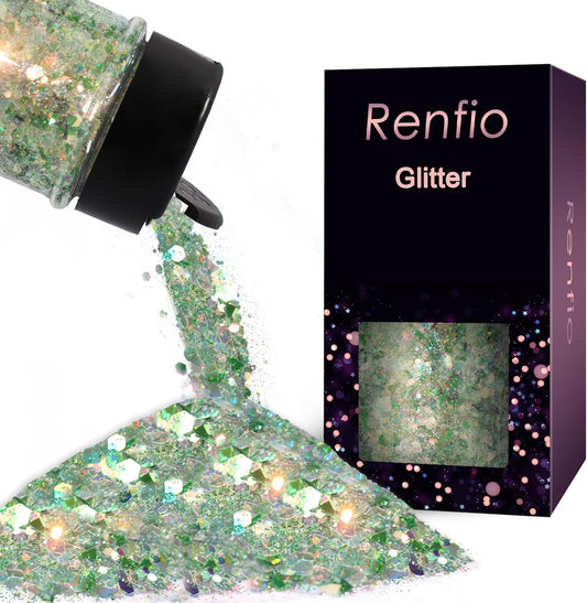Renfio Opal Chunky Glitter, 1.75oz/50g Green Glitter, Dreamy High Sparkle Glitter for Crafts Holographic Fine Glitter Mix Iridescent Glitters Flake for Resin Nails Art Hair DIY Snow - Green Pinery