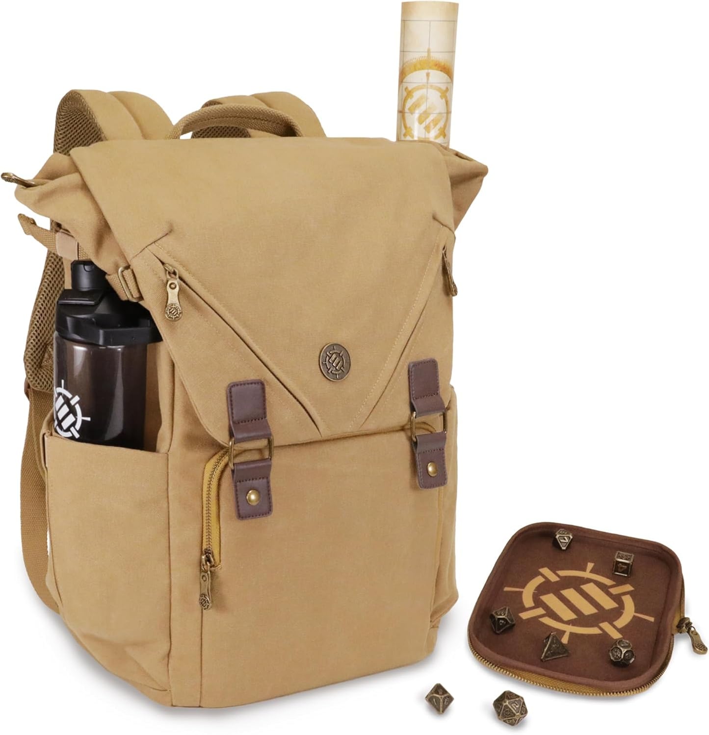 ENHANCE Venture Canvas DnD Backpack - RPG DM Bag for Dungeons and Dragons with Removable Dice Tray - Travel DnD Bag fits 4-6 Books Upright, 17" Laptop/DM Screen Slot, Luggage Slot, Chest and Map Strap
