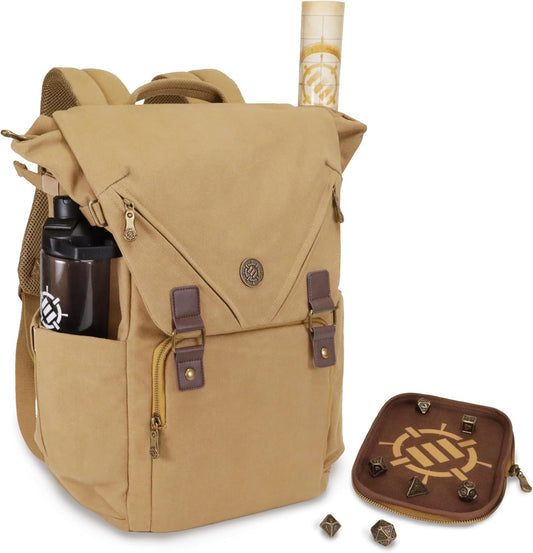 ENHANCE Venture Canvas DnD Backpack - RPG DM Bag for Dungeons and Dragons with Removable Dice Tray - Travel DnD Bag fits 4-6 Books Upright, 17" Laptop/DM Screen Slot, Luggage Slot, Chest and Map Strap