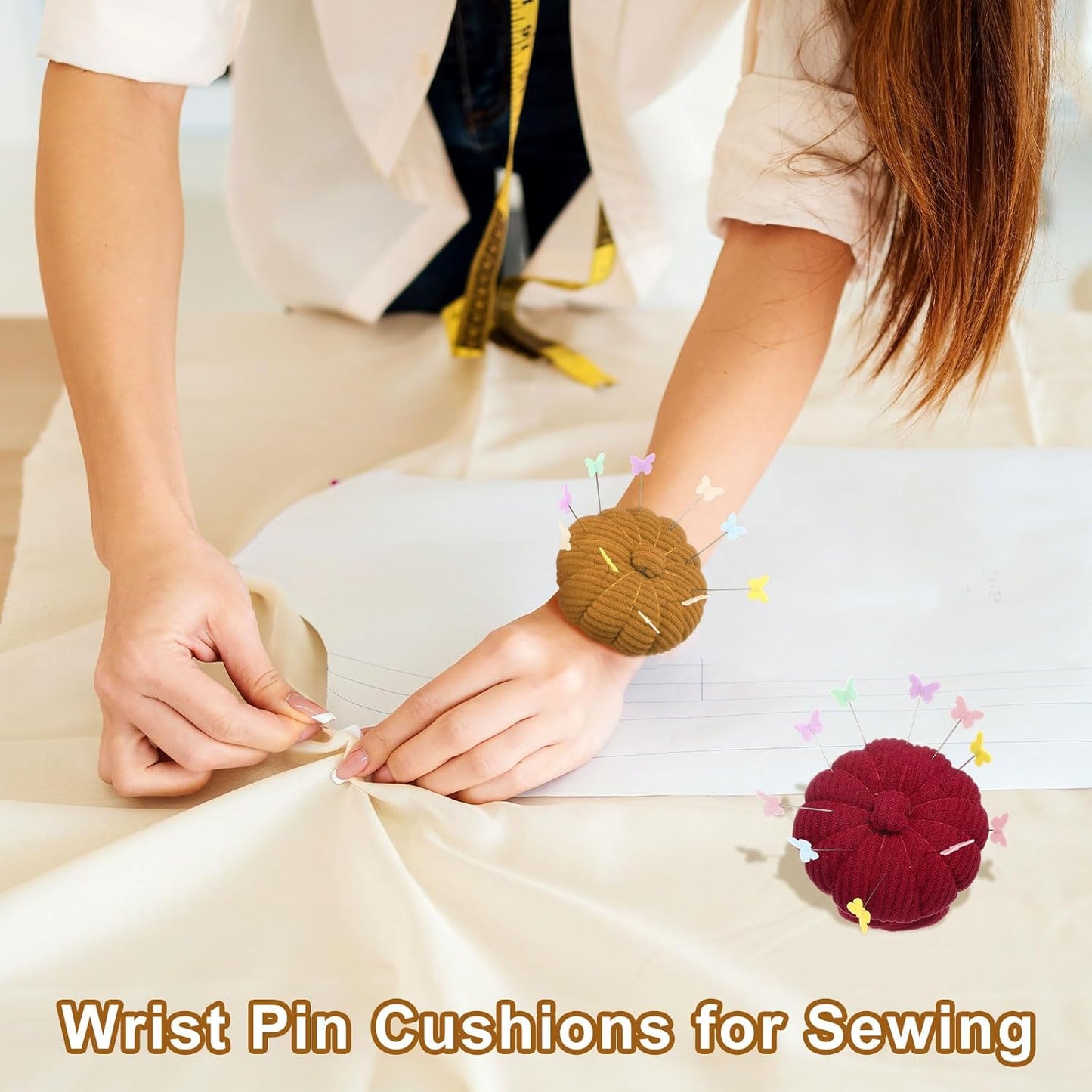 HARFINGTON Wrist Pin Cushions, Sewing Needle Pin Cushion Adjustable Strap with Elastic Strap Finger Ring Pincushions Fit All Wrist Sizes for Sewing Quilting Needlework DIY Crafts, Maroon/Pink