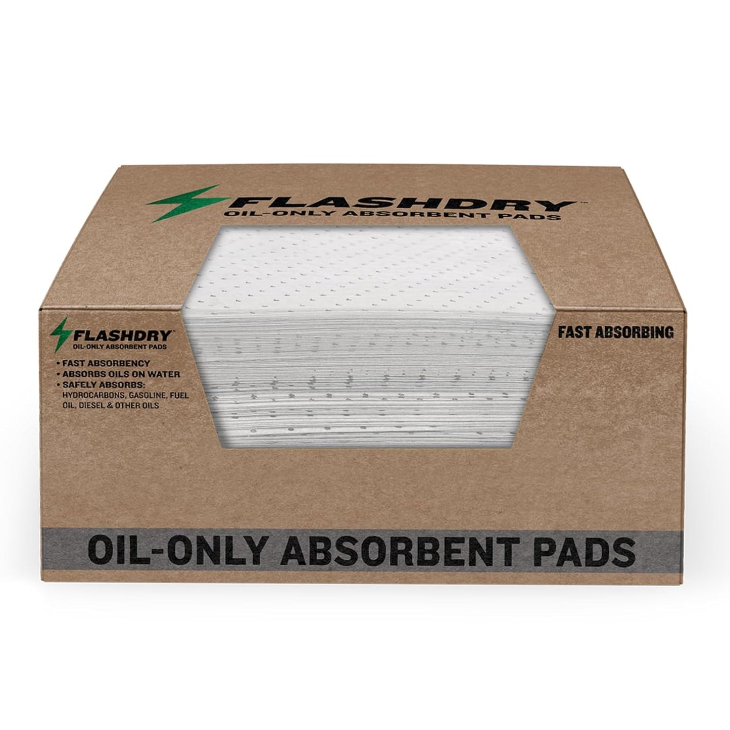 FlashDry Oil Absorbent Pads – High Absorbency of Oil-Based Liquids, Water-Repellent, Tear-Resistant, Premium Mats, Ideal for Garage, Driveway, Automotive, Marine Use, 17.5” x 13.5”, 100-Count Box