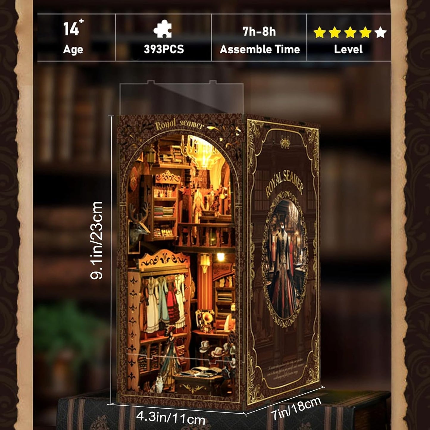 Book Nook Kit for Adults with Dust Cover & LED Light, DIY Miniature House Kit 3D Printed Booknook Wooden Puzzle Dollhouse Bookshelf Insert DIY Craft Model Build Gift for Birthdays, Royal Seamer