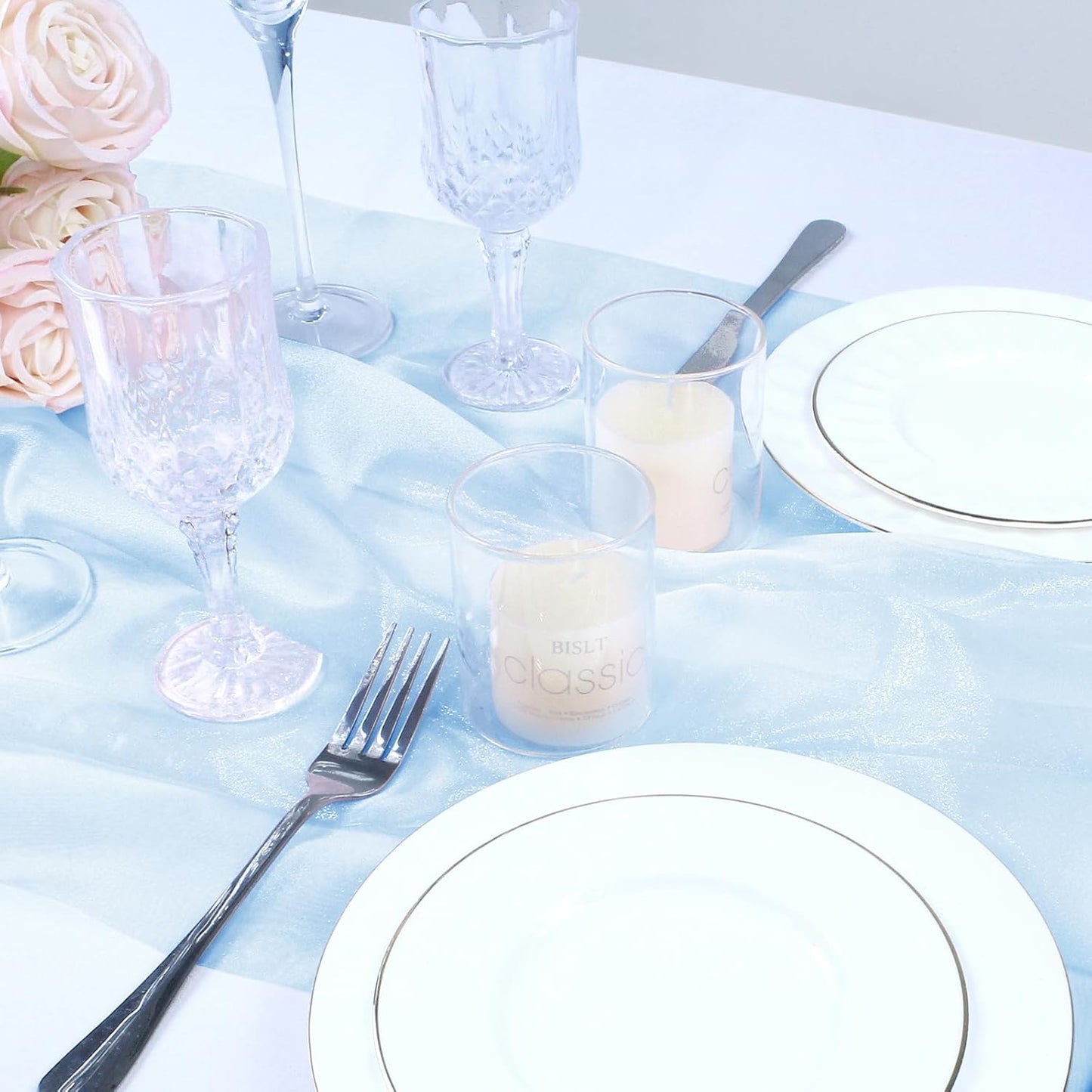 VACVELT Sheer Organza Fabric by The Yard, 60 Inch Wide Light Blue Organza Fabric Bolt Bridal Sheer Tulle Fabric, Silk Organza Fabric Roll for Wedding Party Decorations Backdrop Curtain (2 Yards)