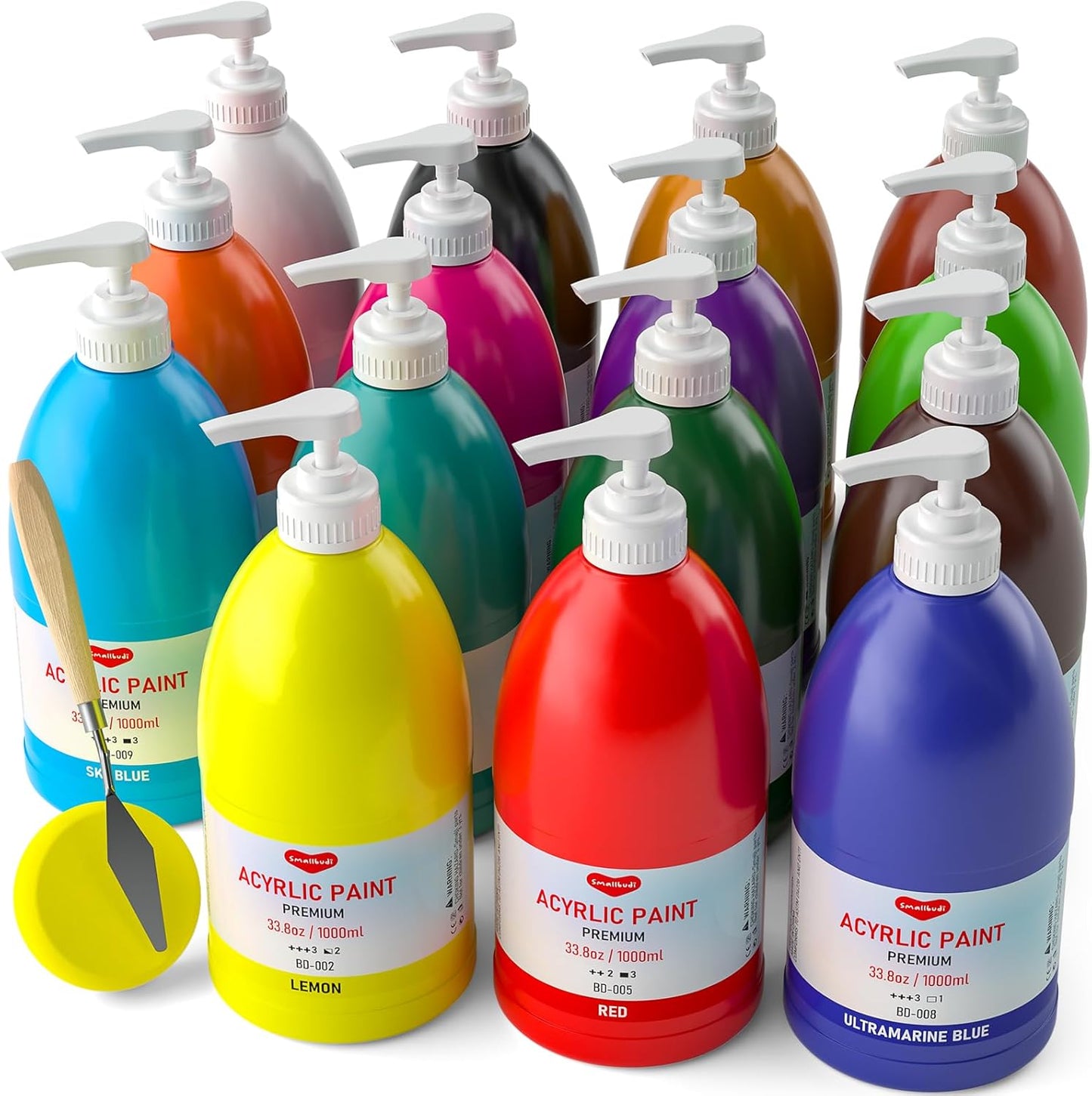 15 Colors Large Acrylic Paint Set (33.8 oz,1000 ml) Art Painting Bulk Supplies for Multi Surface Canvas Wood Leather Fabric Rock Craft, Non Toxic Paint for Kid & Adult with Pump, Color Wheel