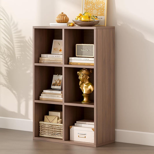 6-Cube Storage Shelf Bookcase - Wooden 3-Tier Floor Standing Open Bookshelf for Home and Office, Cuby Orgainzer, Walnut