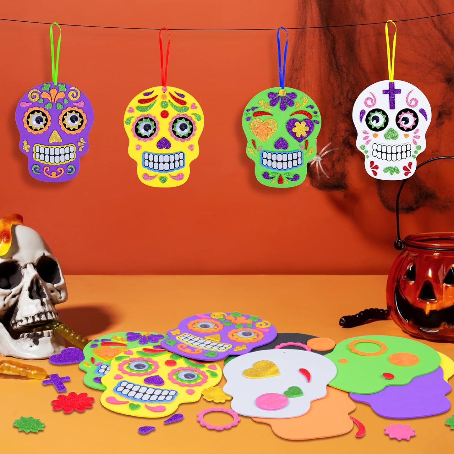 Fennoral 12 Pack Day of The Dead Craft Kits for Kids Make You Own Skull Foam Stickers Ornament DIY Arts and Crafts for Girls Boys Halloween Party Favors Supplies Halloween Decoration
