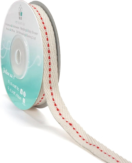 CT CRAFT LLC Ivory Cotton Red Stitched Ribbon 3/8" x 10 Yards for Home Décor Gift Present Wrapping DIY Crafts Birthday Wedding Bouquet Christmas