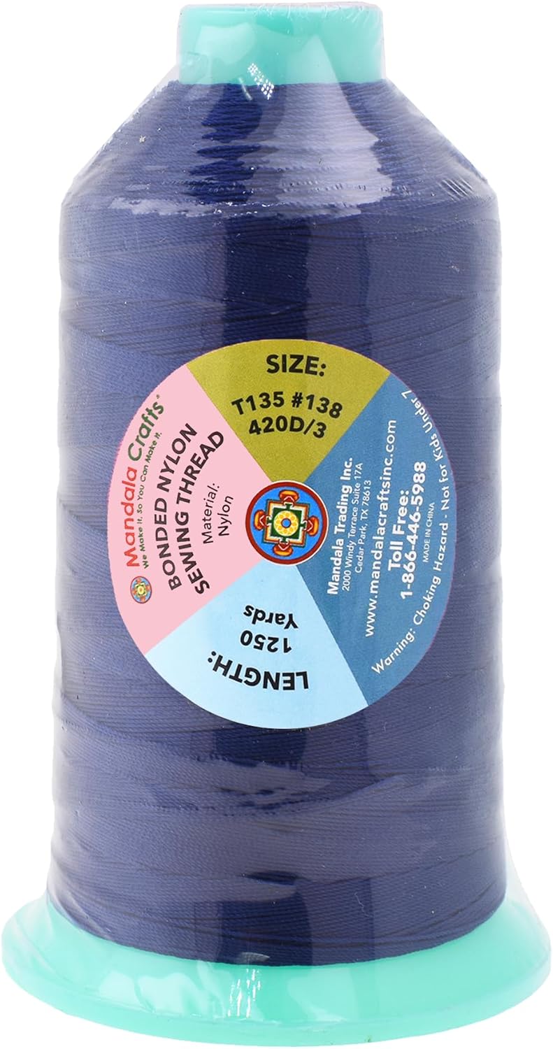 Mandala Crafts Bonded Nylon Thread Navy Blue Heavy Duty Sewing Threads - 1250 YDs Size 138 420D T135 Tex 135 Thread for Leather Jeans Weaving Outdoor Marine Upholstery Threads