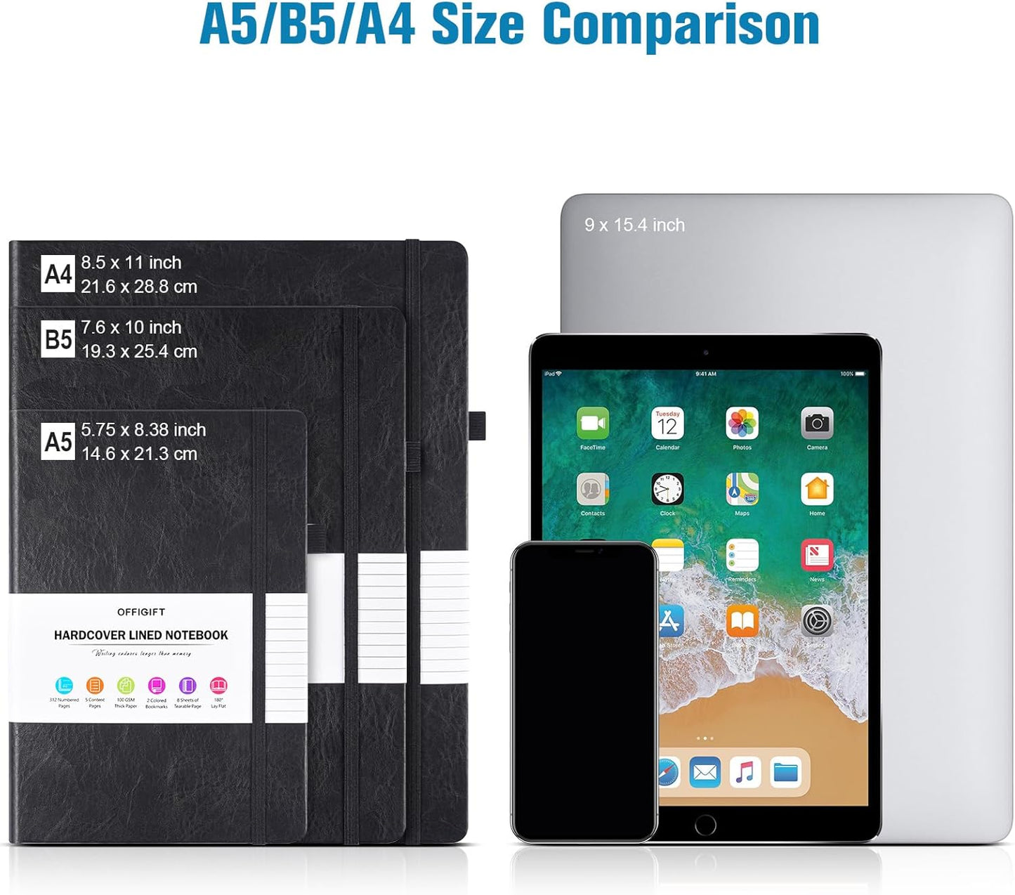 Lined Journal Notebook, Large A5 College Ruled Notebook, 312 Numbered Pages Work Notebook with Index Stickers, 100gsm Thick Paper, Hardcover Vegan Leather Journal for Women Men School Office, Blue