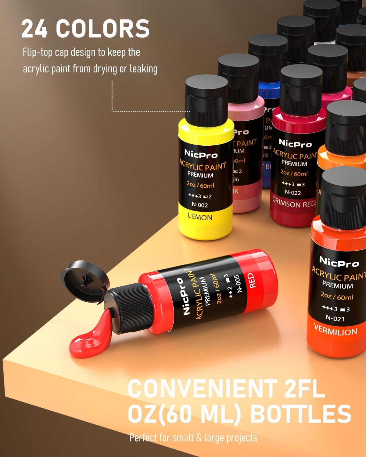 Nicpro Acrylic Paint Set, 24 Colors with 12 Brushes & Palette, Non Toxic Art Supplies Kit for Painting Fabric, Canvas, Clay, Wood, Rock & Ceramic, Halloween Pumpkin, Rich Pigments for Beginners, Students & Professional Artists (2 oz, 60 ml)