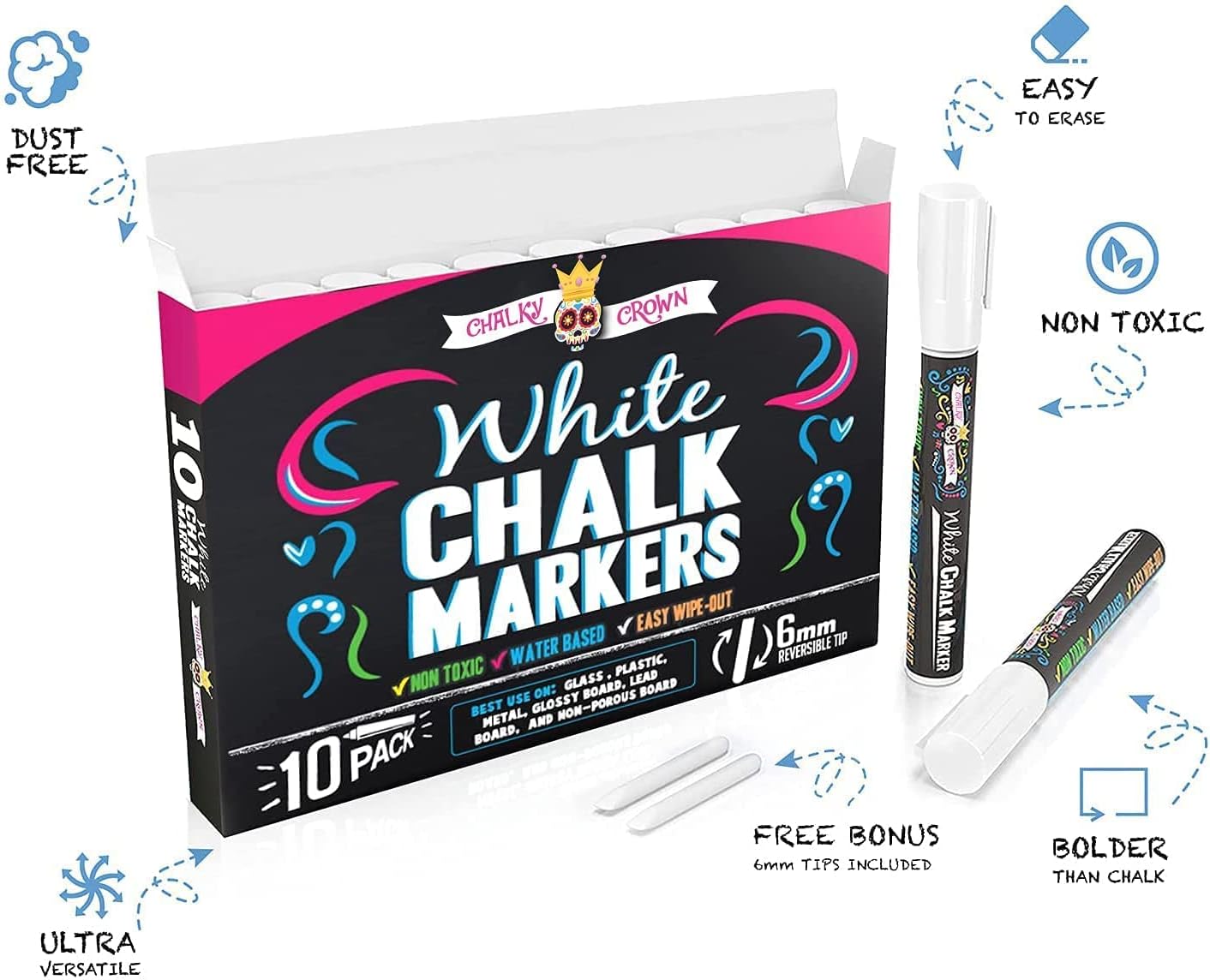 CHALKY CROWN Liquid Chalk Marker Pen - White Dry Erase Marker - Chalk Markers for Chalkboard Signs, Windows, Blackboard, Glass - 6mm Reversible Tip (10 Pack)