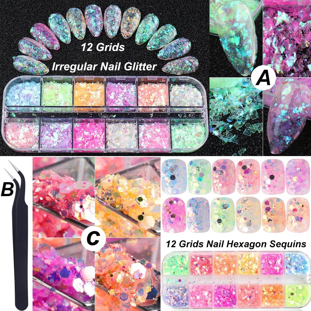 Holographic Nail Art Glitter Iridescent Flakes Nail Foil 12 Grids and Mermaid Flake Glitter Sequins 12 Grids,Colorful Fluorescent Glass Acrylic Nails Supplies Sticker for Make Up
