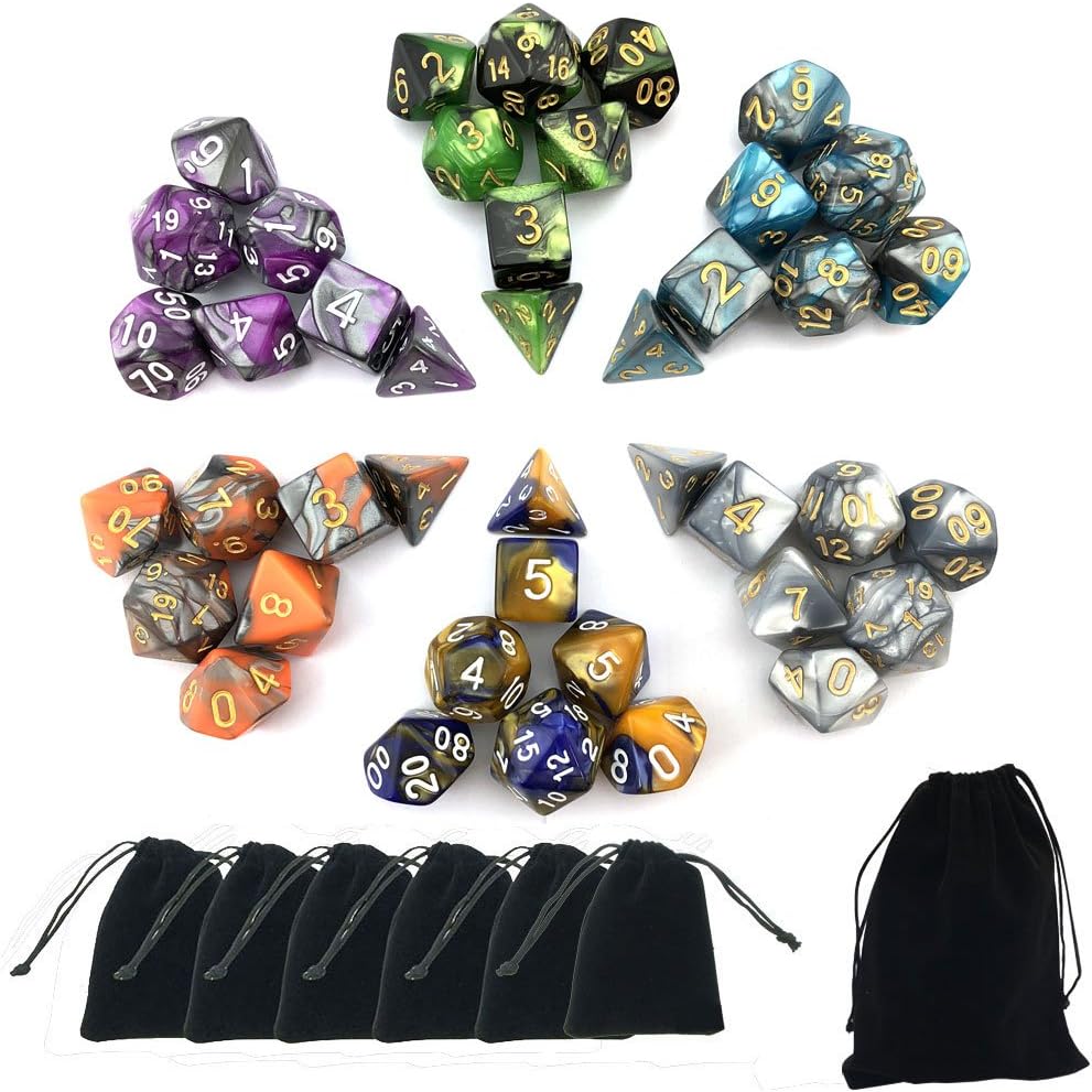 SmartDealsPro Double-Colors Polyhedral Dice Sets with Pouches for D&D DND RPG MTG Dungeon and Dragons Table Board Roll Playing Games D4 D6 D8 D10 D% D12 D20 (6-Color Sets)