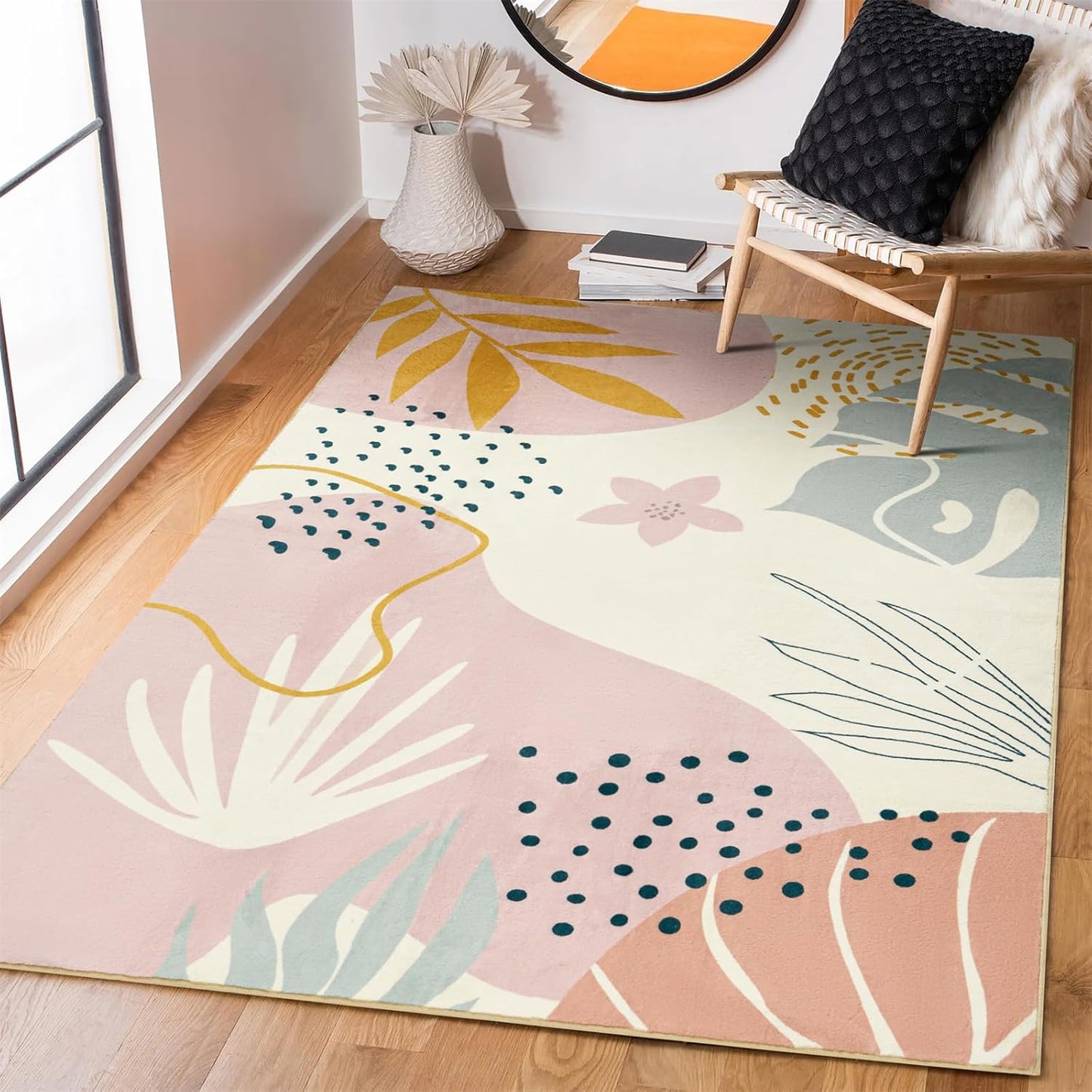 RoomTalks Cute Pink Nuresry Rug Washable, Boho Modern Contemporary Aesthetic 5x7 Area Rugs for Bedroom Dining Living Room Dorm, Abstract Art Tropical Leaves Thin Indoor Entryway Rug Carpet