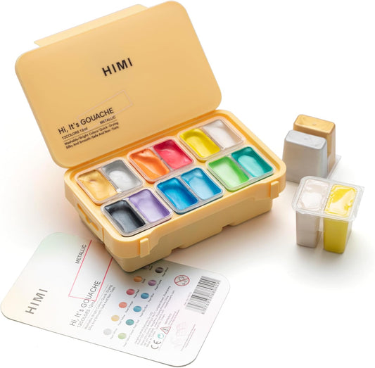 HIMI Metallic Jelly Gouache Paint Set, 12 Colors 12g, Jelly Cup Design, Travel carry, Gouache Paint Non Toxic for Canvas and Paper, Art Supplies for Professionals and Beginner