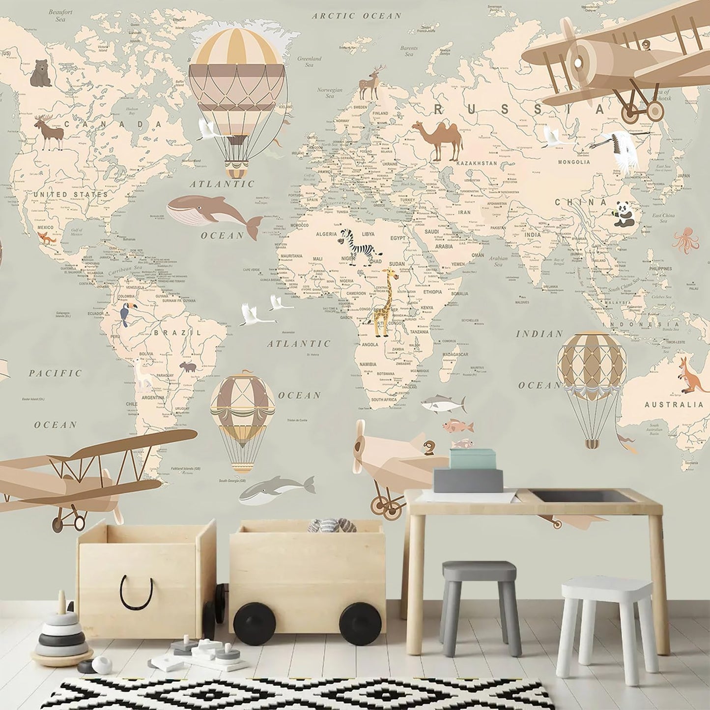 AFZEVEB-Vintage Animal Wallpaper Cartoon Aircraft Map Wall murals for Kids Room 182"x120"(Not Peel and Stick)