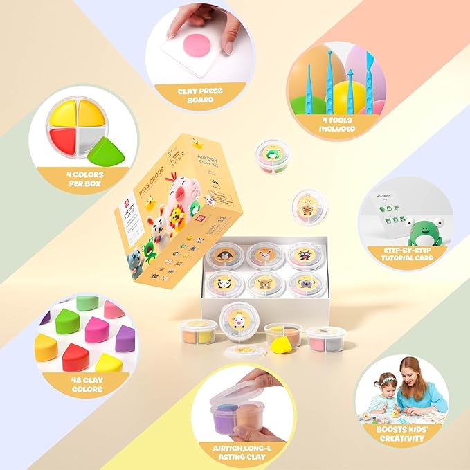 Air Dry Clay for Kids - Modeling Clay Kits, Ultra Light & Soft, Safe & Non-Toxic, 12 Boxes DIY Model Magic Clay 48 Colors with Sculpting Tools und Tutorials, Creative Art Crafts Toys Gifts Boys Girls