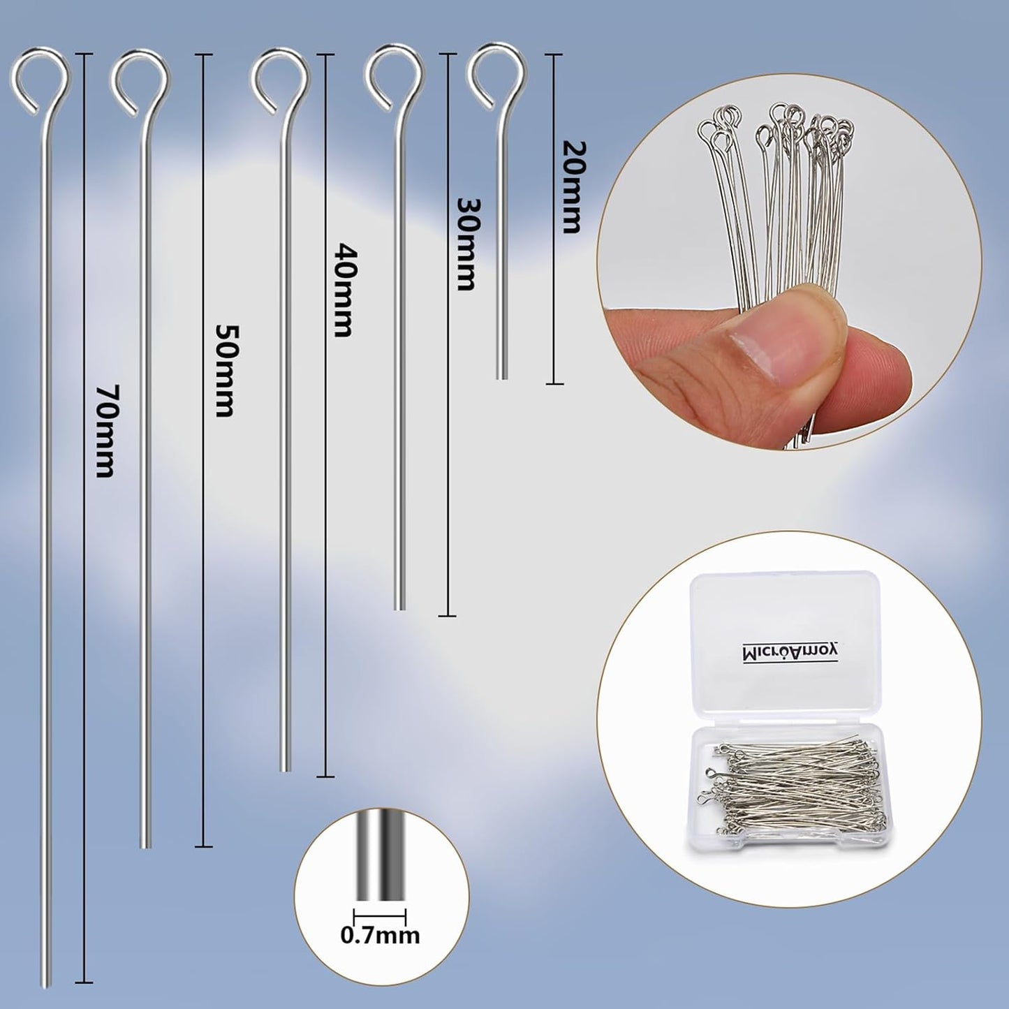 100pcs Silver Filled Eye Pins Non Tarnish Craft Earring Bracelet Jewelry Making Accessories Supplies (50mm (1.96in), Silver-Eye Pin)