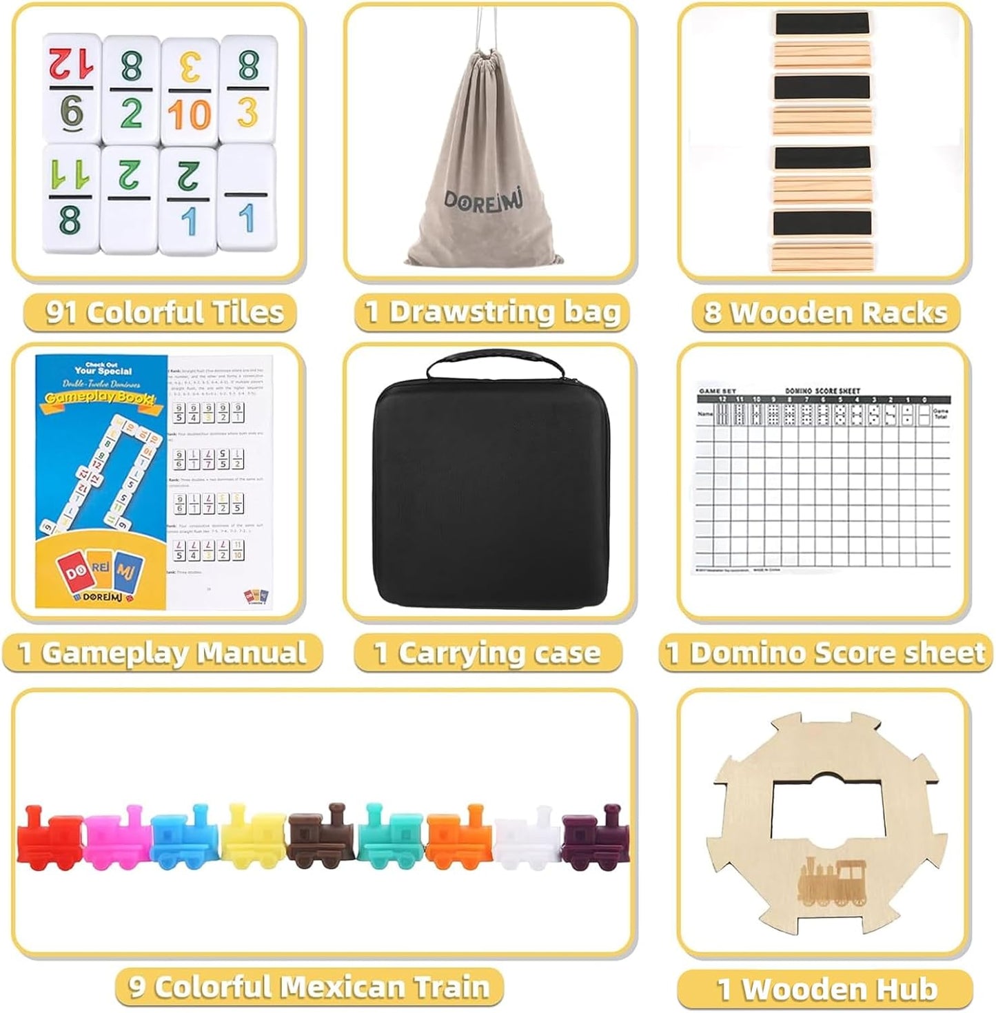 Mexican Train Dominoes Set with Numbers and 8 Wooden Holders, Double 12 Dominos Set for Kids, Adults Travel Domino Train with 91 Tiles and Upgrated Hub, Classic Board Games for Family Night