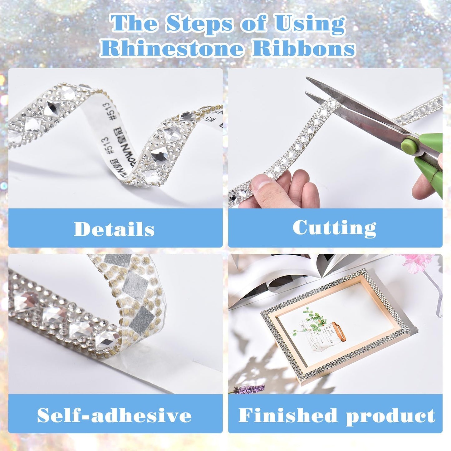4 Rolls Bling Rhinestone Ribbon Crystal Strips, 4 Styles Self Adhesive Glass Crystal Sticker Rhinestone Tape for DIY Car&Craft Wedding Christmas Gift Decoration