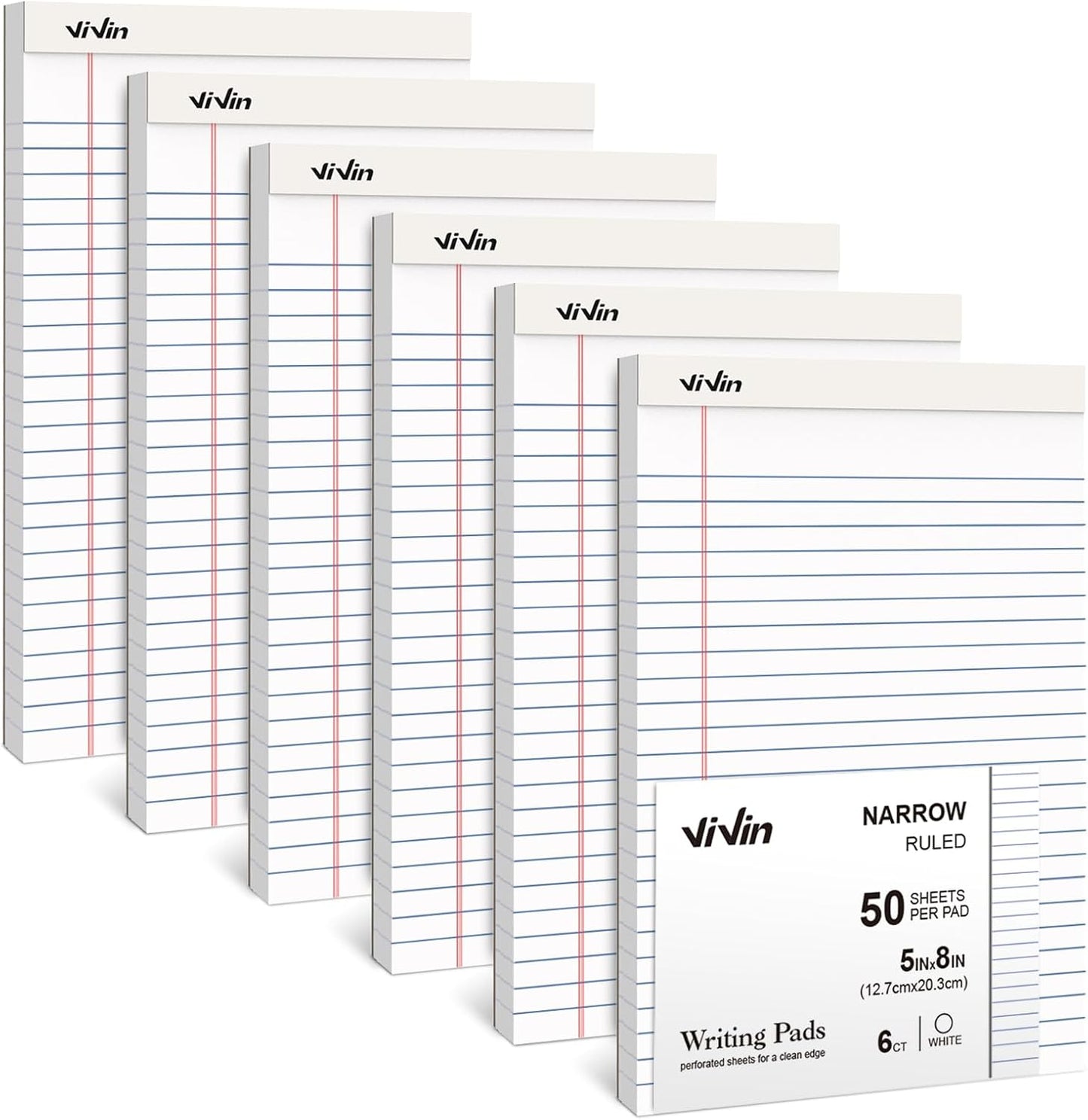 ViVin 5 x 8 Inch Legal Pads, 6 Pack, Narrow Ruled, 50 Sheets Per Writing Pad, Perforated Note Pads Ideal for Home, Office, Business, 300 Sheets, White Paper