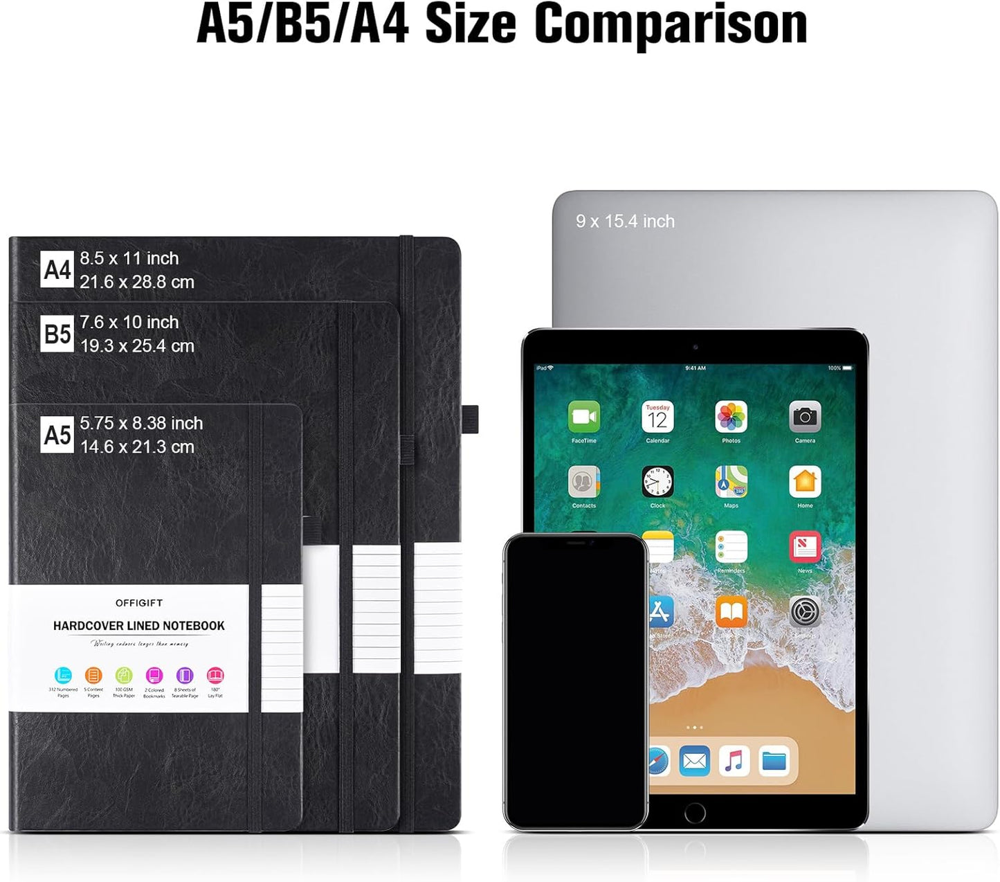 College Ruled Notebook, Large B5 Lined Journal Notebook, 314 Numbered Pages Work Notebook with Index Stickers, 100gsm Thick Paper, Hardcover Vegan Leather Journal for Women Men School Office, Black