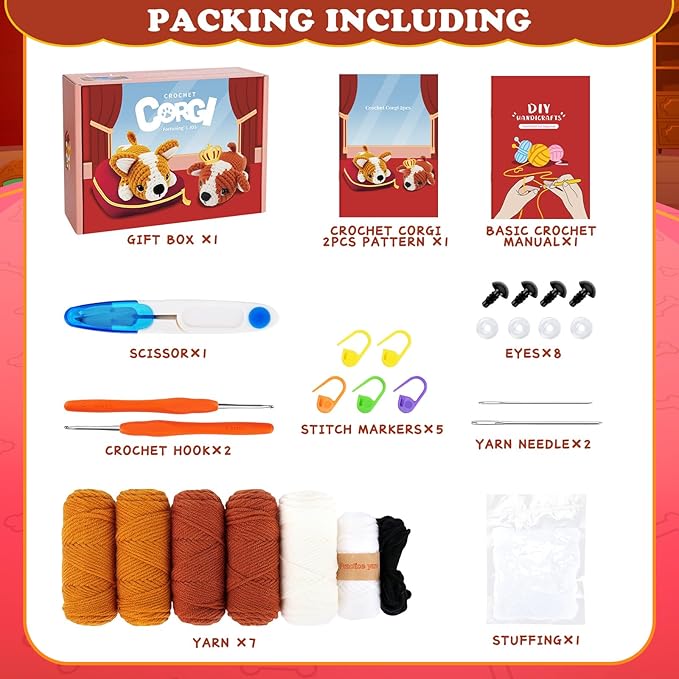 Fortuning's JDS Crochet Kit for Beginners, 2 Adorable Corgi Dog Crochet Animals Kits, Easy Beginner Crochet Kit for Adults & Kids, Women & Men, DIY Craft Knitting Kit with All Supplies