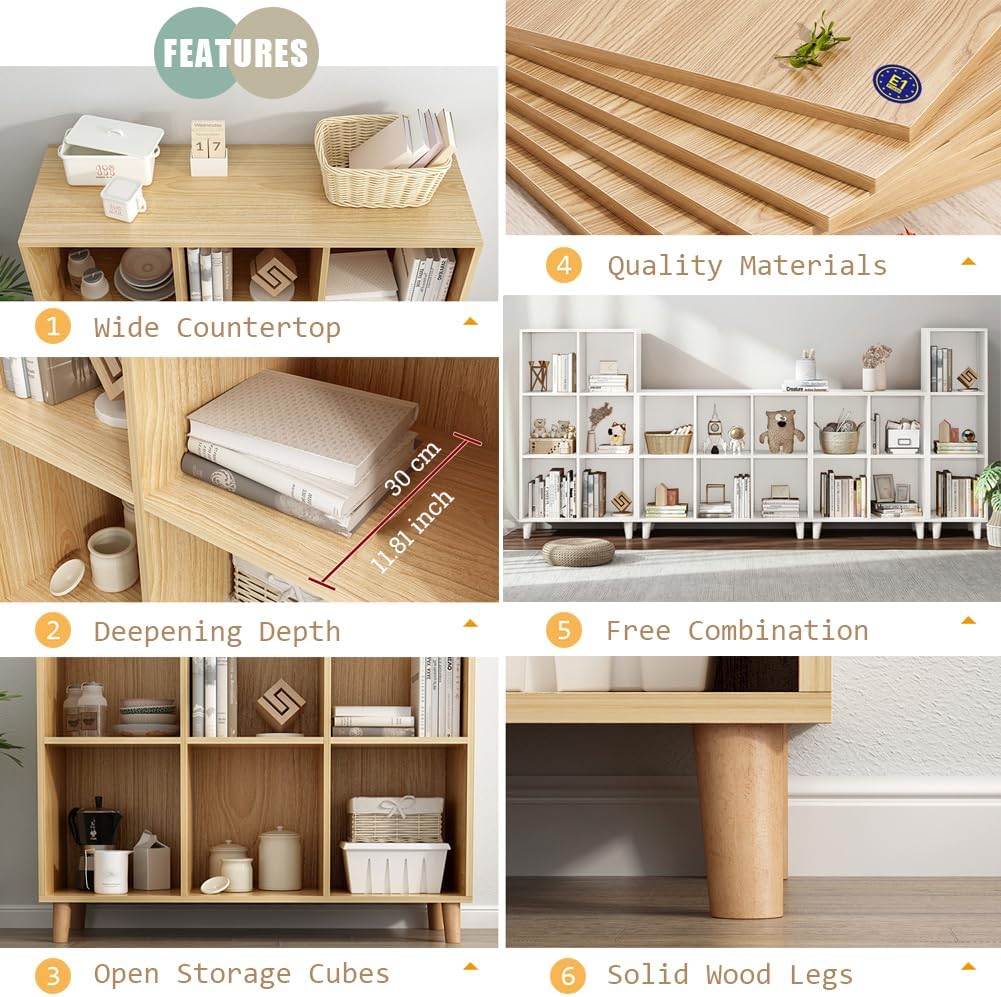 IOTXY Open Cube Low Bookcase - 2-Tier Freestanding Storage Display Cabinet Organizer with Legs for Home Office, 6-Cubes Open Shelf Short Bookshelf, White