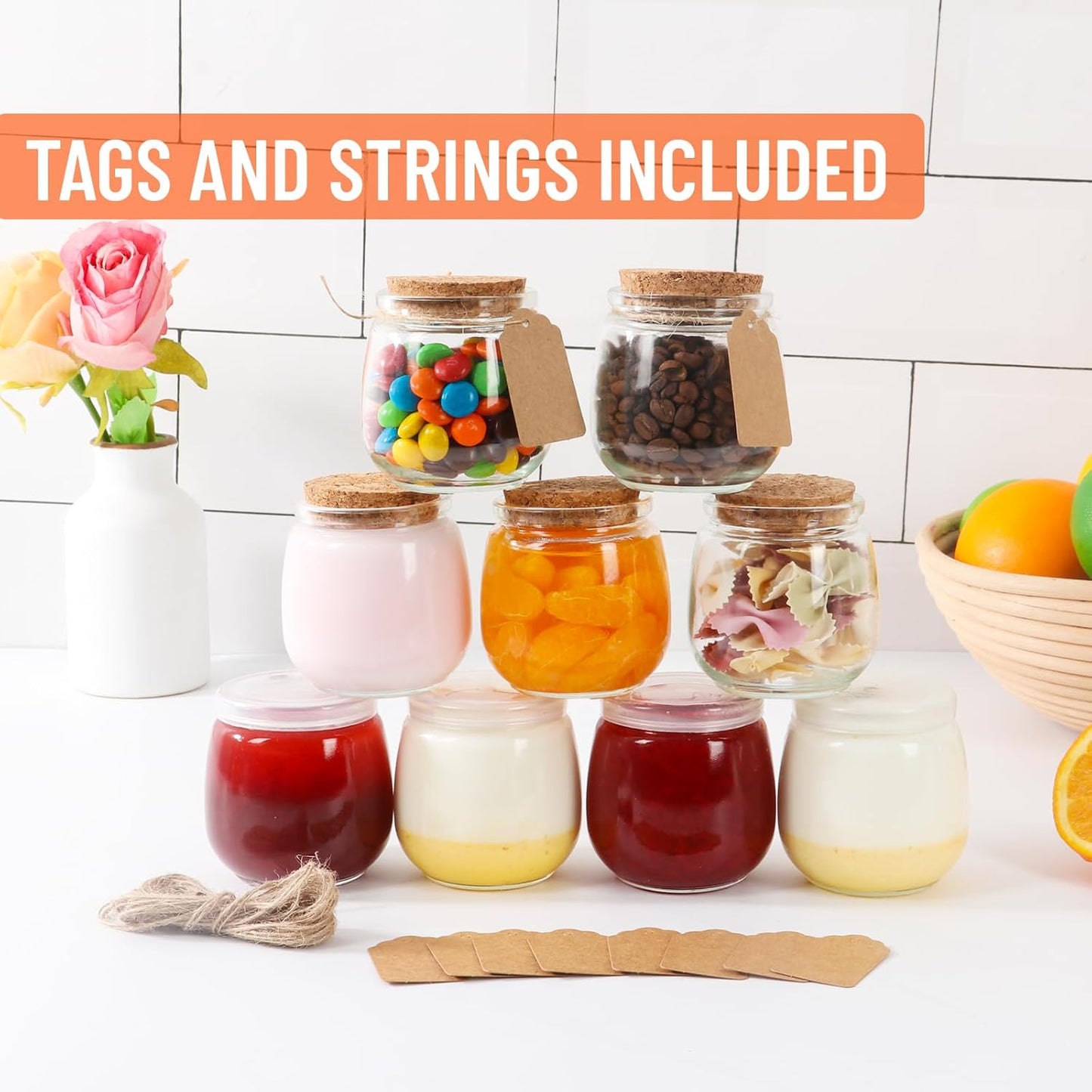 7oz Glass Jars with Cork & PE Lids 20Pack, Small Glass Pudding Jar for Wedding Favors, Milk, Jams and DIY Gift, Yogurt Jars with Tags and Twine Included