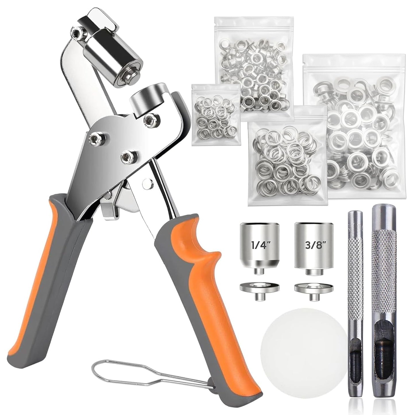 CRAFTMEMORE Grommet Tool Kit with 200 Silver Grommets, 3/8 and 1/4 inch Double Head Pliers, for Tarps, Fabric Rings, Leather, Tents, Vinyl, Canvas
