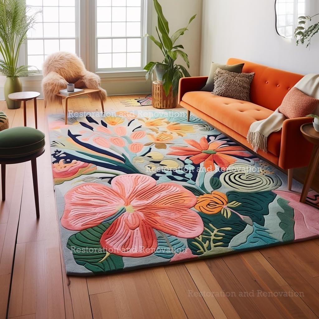 Handmade Wool Floral Area Rug for Living Room | Elegant Flower Garden Design, Soft, Thick and Durable | Bedroom, Dining Room & Home Decor Carpet (5' x 8', Floral D)