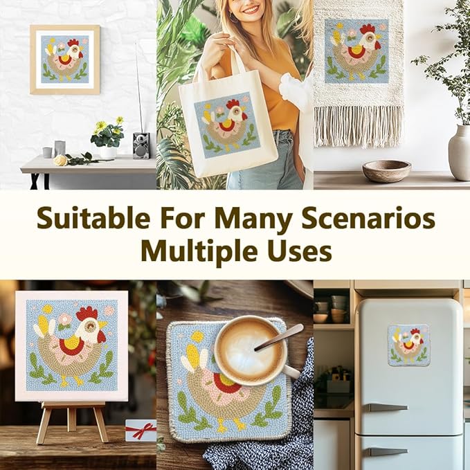 Doodlream Cute Chickens DIY Punch Needle Embroidery Kit for Adult Beginner, 9.4" Rooster Animal Punch Stitching Craft Set for Starter with Frame, Fabric Pattern, Threader, Yarn, Pinch Needle