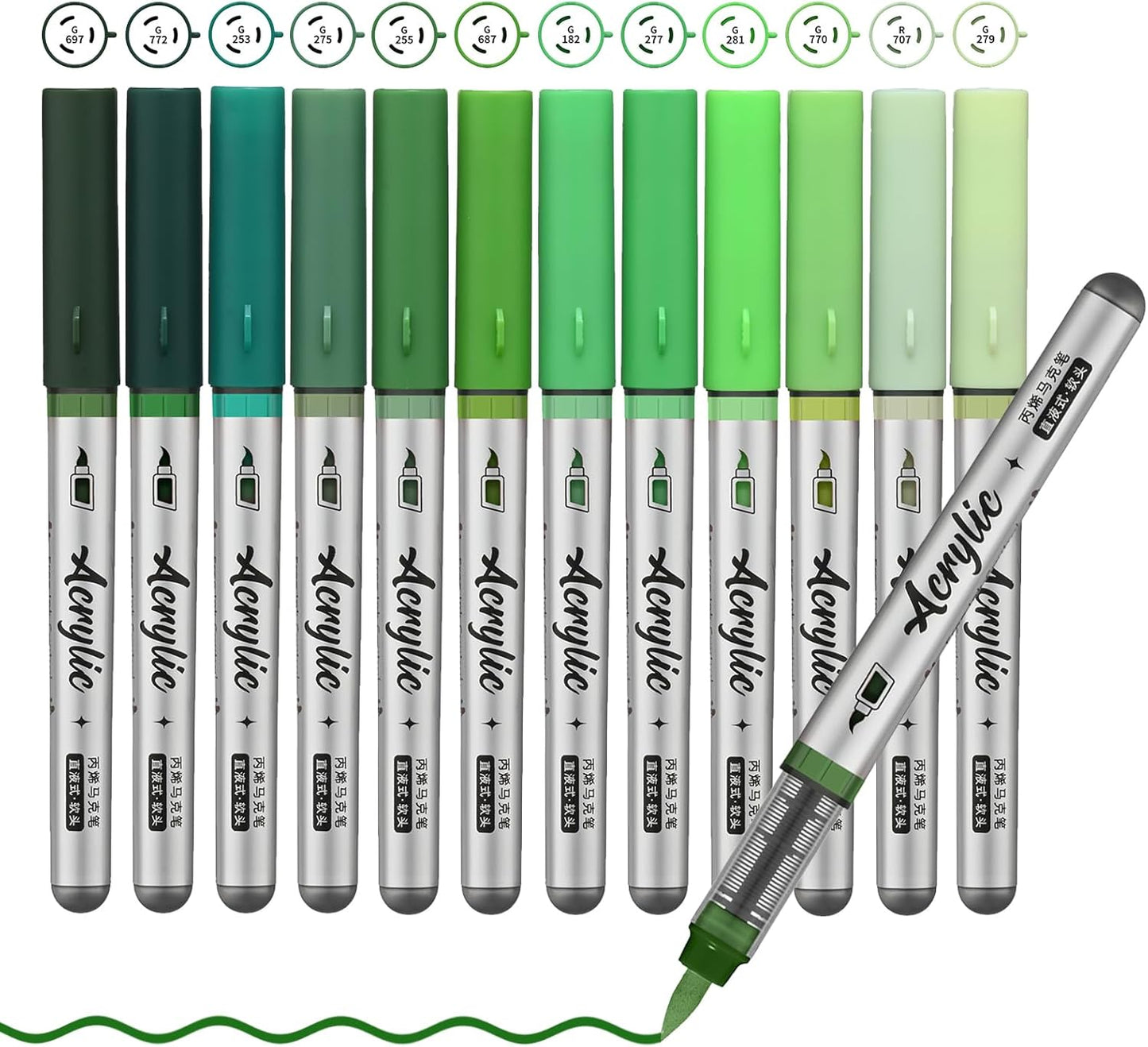 Green Acrylic Paint Pens,12 Color Paint Pens Markers,Brush Tip Paint Pens for Rock Painting Wood Glass Ceramic Canvas Stone DIY Crafts Making Art Supplies