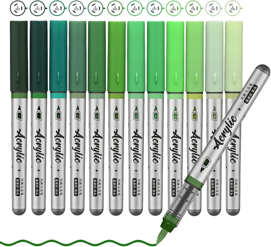 Green Acrylic Paint Pens,12 Color Paint Pens Markers,Brush Tip Paint Pens for Rock Painting Wood Glass Ceramic Canvas Stone DIY Crafts Making Art Supplies
