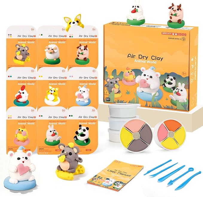 Air Dry Clay Kit for Kids, Modeling Clay, 9 Animals Model Magic Clay with Sculpting Tools and Tutorials, Ultra Light Soft Clay Set, Arts Crafts Toy Gift, Christmas Birthday Party Favors for Boys Girls