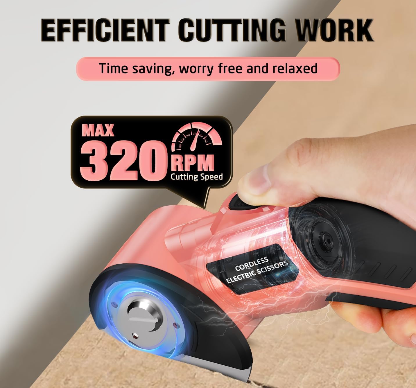 Cordless Electric Scissors: 4V Rechargeable Cardboard Cutter, 3 Blades, Safety Lock & LED Light, Box Cutter for Carton Carpet Plastic Fabric Leather (Pink)