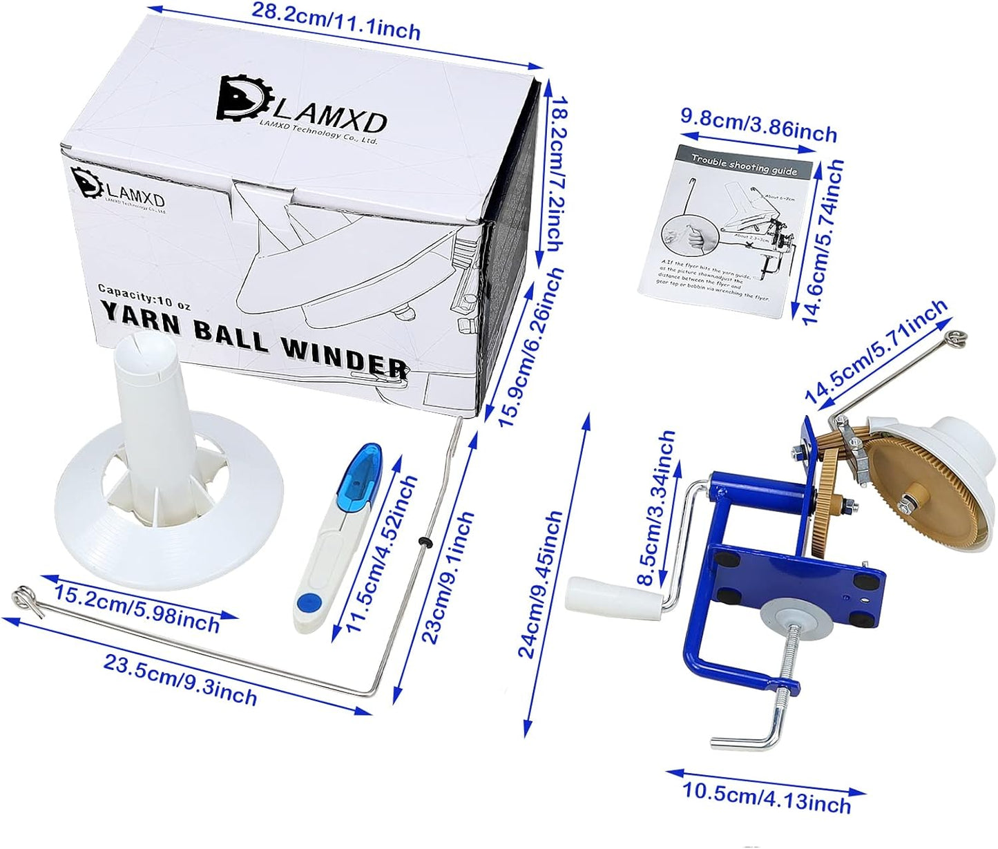 LAMXD Needlecraft Large Jumbo Metal Yarn/Wool/String/Fiber Ball Winder Hand Operated,10-Ounce,with Thread Cutter Scissors, Blue and White