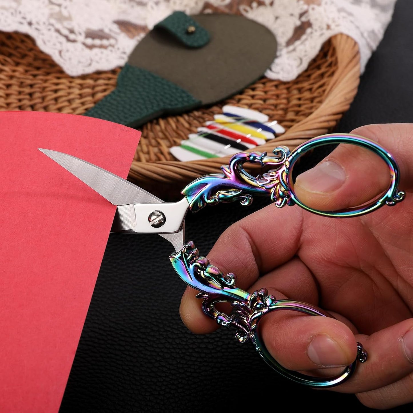 Crafting Scissors, 5.3in Sharp Multipurpose Fabric Scissors with Sheath, Arts Sewing Quilting Office Home School Paper Cutting Shears, Rainbow Large Handles